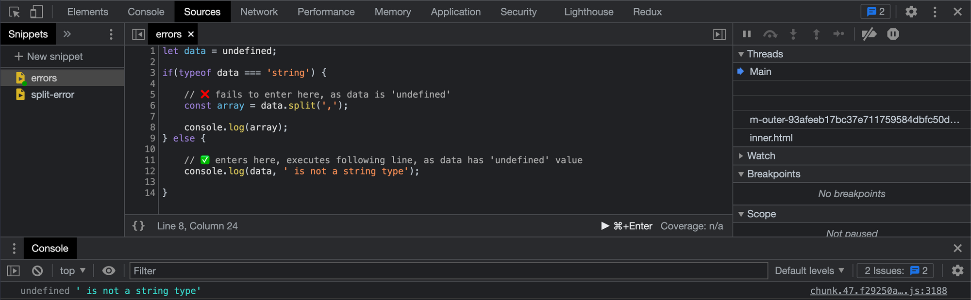How to Prevent cannot read property split of undefined.